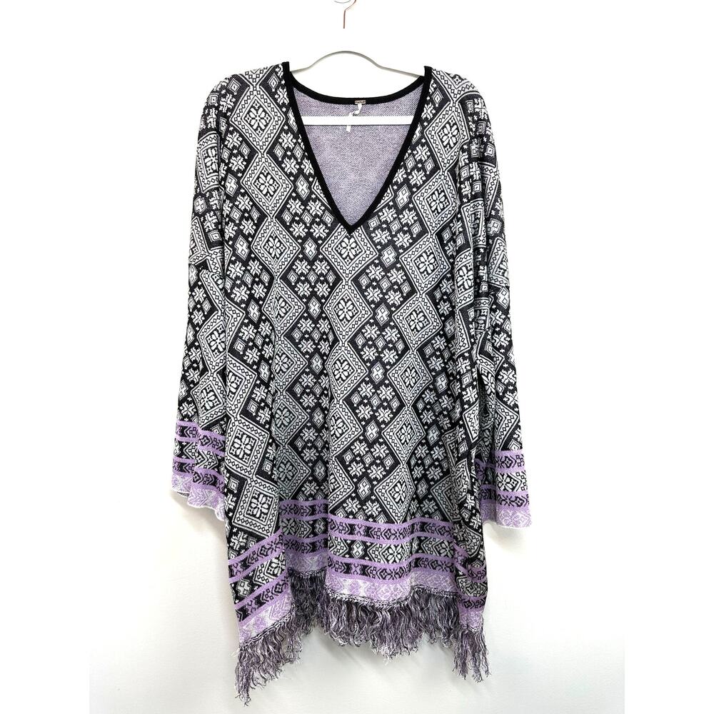Free People It’s a Cinch Poncho Sweater Boho Fringe V-Neck Tunic Dress XL - Picture 3 of 9